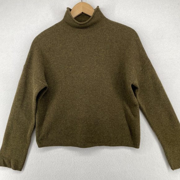 WHISTLES Sweater XS Merino Wool Boxy Jumper Funnel Neck Pullover Green Mended - Picture 1 of 13